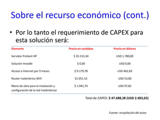 Sobre el recurso económico (cont.)Por lo tanto el requerimiento de CAPEX para esta solución será: Total de CAPEX: $ 47.688,38 (USD 2.403,65)Fuente: recopilación del autor