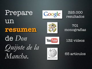 Prepare          325.000
                resultados
un                 701
resumen         monografías

de Don          132 vídeos

Quijote de la
Mancha.         65 artículos
 