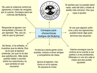 Si sientes que no puedes decir
nada, vete del sitio y díselo al
adulto más cercano. Haz que
vaya a ayudar.

No uses la violencia contra los
agresores ni trates de vengarte
por tu cuenta. Consejos para las
víctimas del Bullying

Responde al agresor con
tranquilidad y firmeza. Di
por ejemplo: "No, eso es
sólo lo que tú piensas".

No llores, ni te enfades, ni
muestres que te afecta. Eso
es lo que el agresor
pretende, así que no le des
esa satisfacción. Más tarde
podrás hablar o escribir
sobre tus reacciones y lo
que sentiste en ese
momento.

Consejos para
chicos/chicas
testigos del Bullying

Involucra a tanta gente como
puedas, incluso a otros amigos
y compañeros de clase.
Ignora al agresor, haz
como si no lo oyeras.
Ni siquiera le mires

Si ves que alguien sufre
una y otra vez agresiones,
puedes hacer algo para
terminar esa situación

Intenta conseguir que la
víctima se lo cuente a sus
padres o a los profesores.
Ofrécete a ir con él o ella si
crees que eso puede
ayudarle.

 