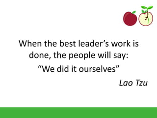 When the best leader’s work is
done, the people will say:
“We did it ourselves”
Lao Tzu
 