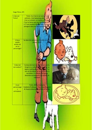 Hugo Pérez, 6ºC

1.Qui est         Tintin. Ce n'est ni un nom ni un
Tintin?         prénom, c'est beaucoup plus; Tintin
               c'est un univers, un mythe, une saga.
              C'est le héros que tous les jeunes de 7
              à 77 ans veulent être ou sont lorsqu'ils
              plongent dans les aventures de Tintin.




  2.Dans      Sa date de naissance officielle est le 10
  quelle                  janvier 1929.
 année est
   né ce
personage?




 3.Qui est        Curieux de tout ce qui fait son siècle,
son auteur?       Hergé en a collecté les images et les
                  signes mythiques et historiques. Par
                  son art du dessin et sa science de la
                     narration, il a donné à la bande
                   dessinée européenne ses lettres de
                                 noblesse.



   4.Les             Tintin, Milou,Capitaine
personnage    Haddock,Professeur Tournesol,Dupond
     s         & Dupont,Bianca Castafiore et Nestor
principaux.
 