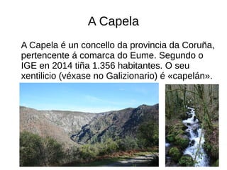 A Capela
A Capela é un concello da provincia da Coruña,
pertencente á comarca do Eume. Segundo o
IGE en 2014 tiña 1.356 habitantes. O seu
xentilicio (véxase no Galizionario) é «capelán».
 