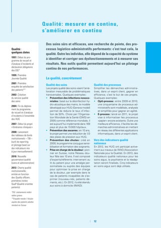 Qualité :
quelques dates
1997 : Début du pro-
gramme de recueil et
d’analyse d’incidents et
déclaration obligatoire
des EIG*
1999 : Première
Journée Qualité
2001 : Première
enquête de satisfaction
des patients**
2002 : Création
du service qualité
des soins
2004 : Fin du déploie-
ment du programme
de recueil et d’analyse
d’incidents à l’ensemble
des HUG
2007 : Début du projet
« Itinéraires cliniques »
2008 : Lancement
des tableaux de bords
institutionnels – TBI –
(outil de reporting
et pilotage basé sur
des indicateurs mis
à jour mensuellement)
2010 : Nouvelle
gouvernance qualité
(soins et administration)
2012 : Charte qualité
institutionnelle ;
entrée en fonction
des Quality officers ;
premières visites
QuaP (Qualité orientée
patients)
*EIG : événements indési-
rables graves
**Enquête menée 1 fois/an
auprès des patients adultes
résidant en Suisse
Qualité: mesurer en continu,
s’améliorer en continu
Des soins sûrs et efficaces, une recherche de pointe, des pro-
cessus logistico-administratifs performants: c’est tout cela, la
qualité. Outre les individus, elle dépend de la capacité du système
à identifier et corriger ses dysfonctionnements et à mesurer ses
résultats. Nos outils qualité permettent aujourd'hui un pilotage
continu de nos performances.
La qualité, concrètement
Qualité des soins
Les projets qualité des soins visent l’amé-
lioration mesurable de problématiques
transversales. Quelques exemples :
•	 Prévention des infections nosoco-
miales : basé sur la désinfection hy-
dro-alcoolique des mains, le modèle
développé aux HUG (Geneva model)
permet de réduire le taux d’infec-
tion de 50%. Choisi par l’Organisa-
tion Mondiale de la Santé (OMS) en
2005 comme référence mondiale, il
est aujourd’hui implémenté dans 169
pays et plus de 15 000 hôpitaux.
•	 Prévention des escarres : en 10 ans,
le projet permet une réduction de 1/3
des plaies de pression aux HUG.
•	 Prévention des chutes : créé en
2000, le programme conjugue sensi-
bilisation et formation des soignants.
•	 Prise en charge de la douleur : pion-
nier en Suisse, notre Réseau dou-
leur fête ses 10 ans. Il est composé
d’experts/référents intervenant au
lit du patient pour une antalgie per-
sonnalisée ou auprès des équipes
pour optimiser la prise en charge
de la douleur, par exemple dans le
cas de patients incapables de s’ex-
primer (nouveau-nés, patients dé-
ments, etc.). En 2012, il a été étendu
aux soins à domicile (IMAD).
Qualité des processus
Simplifier les démarches administra-
tives, dans un esprit client, gagner en
efficience, c’est le but de ces projets.
Quelques exemples :
•	 Opti-process : entre 2009 et 2010,
une cinquantaine de processus ad-
ministratifs sont modélisés, analysés
et simplifiés pour gagner en agilité.
•	 E-process : lancé en 2011, le projet
vise à informatiser les processus
«papier» encore existants. Outre une
meilleure efficience, il facilite les dé-
marches administratives en mettant
en réseau les différentes applications
informatiques, dans un esprit client.
Vers des indicateurs qualité
nationaux
En 2012, les HUG ont participé active-
ment aux travaux de l’ANQ (Association
Nationale pour la Qualité). En 2013, des
indicateurs qualité nationaux pour les
soins aigus, la psychiatrie et la réadap-
tation seront finalisés. Cinq indicateurs
en soins aigus sont déjà utilisés.
	 	12
 