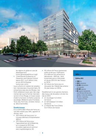 9
Info +
Chiffres 2012
•	1804 lits
•	4019 naissances
•	25 258 interventions
chirurgicales
•	85 328 urgences
•	80 organes transplantés,
dont 38 foies (34 chez des
adultes, 4 chez des enfants),
30 reins, 2 pancréas,
1 intestin et 9 îlots
de Langerhans.
	 les régions du globe en voie de
développement
(www.genevahealthforum.org/).
•	 l’International Conference on
Prevention and Infection Control
depuis 2011. La 2e
édition a lieu
en juin 2013 à Genève
(www.icpic.com/).
Leurs efforts en matière de coopéra-
tion internationale s’incarnent dans 70
conventions avec plus de 30 pays. Les
HUG collaborent aussi avec des orga-
nismes tels que le Comité internatio-
nal de la Croix-Rouge, le Corps suisse
d’aide humanitaire, la Chaîne suisse de
sauvetage, Médecins sans Frontières,
Terre des Hommes, Children Action
(p. 38) et Sentinelles.
Grands travaux
D’ici à 2016, 600 millions de francs au-
ront été investis pour bâtir, agrandir et
rénover, dont :
•	 253 millions de francs pour un
nouveau bâtiment d’hospitalisation
(BDL2)
•	 274 millions de francs pour
l’agrandissement de la Maternité,
qui a inauguré en 2012 ses
nouvelles urgences en commun
avec la gynécologie (p. 22)
•	 55 millions de francs (partenariat
public-privé) pour l’édification
d’un bâtiment de recherche et
laboratoires – BATLab – dont
la première pierre a été posée
en janvier 2012 (fin des travaux
en 2014)
•	 22 millions de francs pour la
rénovation de l’Hôpital des enfants
(fin des travaux en 2014).
Parallèlement à ces grands chantiers,
des travaux de rénovation ont été me-
nés en 2012 :
•	 	en neurologie (1,2 million
de francs)
•	 	en hémodialyse (1,4 million
de francs)
•	 à l’Hôpital des Trois-Chêne
(2,3 millions de francs).
 