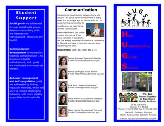 Communication
     Student                    Education is a partnership between home and
     Support                    school. We value parent involvement at every
                                level and encourage you to partner with us. In
Social goals are addressed      order for this partnership to
                                be effective, we need to be
through social skills groups.
                                able to communicate.
Relationship-building skills
are fostered and
individualized objectives are
                                Please feel free to call, write
                                a note, or email us if you
                                have concerns or questions.
                                                                                      Hope
taught.                         We are always available to schedule a conference



Communication
                                to discuss any issue or concern you may have
                                regarding your child.

                                HUGS Phone: (718) 423-8395 ext. 2331
                                                                                      Understanding
                                                                                      Growth
development is fostered by
teaching comprehension . All
lessons are highly                        Debbie Schussel Special Ed teacher
                                          E-mail- Dschuss@schools.nyc.gov
individualized, and goals
are monitored and revised as
needed.
                                          Marisa Sanfilippo Social Worker
                                                                                      Success
                                          E-mail- MSanfilippo2@schools.nyc.gov

Behavior management
and self –regulation goals
are addressed by finding                  Julie Marti Speech Pathologist
reduction methods, which will             E-mail- Jmarti@schools.nyc.gov
work to replace challenging
behaviors with more socially
acceptable functional skills.
                                          Jamie Kremin Occupational Therapist
                                          E-mail- JKremin@schools.nyc.gov
                                                                                               64-45 218 Street
                                                                                              Bayside, N.Y. 11364
                                                                                   Phone:(718)423-8395 Fax:(718)423-8472
                                          Claire Haines Occupational Therapist
                                          E-mail- Chaines@schools.nyc.gov                Marsha E. Goldberg, Principal
                                                                                     Stamo Karalazarides, Assistant Principal

                                                                                     schools.nyc.gov/SchoolPortals/26/Q046
 