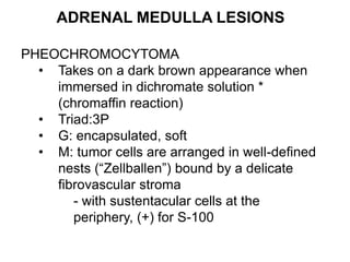ADRENAL MEDULLA LESIONS
PHEOCHROMOCYTOMA
• Takes on a dark brown appearance when
immersed in dichromate solution *
(chromaffin reaction)
• Triad:3P
• G: encapsulated, soft
• M: tumor cells are arranged in well-defined
nests (“Zellballen”) bound by a delicate
fibrovascular stroma
- with sustentacular cells at the
periphery, (+) for S-100
 