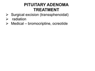 PITUITARY ADENOMA
TREATMENT
 Surgical excision (transsphenoidal)
 radiation
 Medical – bromocriptine, ocreotide
 