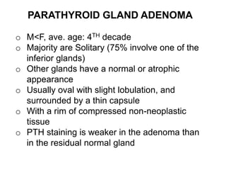 PARATHYROID GLAND ADENOMA
o M<F, ave. age: 4TH decade
o Majority are Solitary (75% involve one of the
inferior glands)
o Other glands have a normal or atrophic
appearance
o Usually oval with slight lobulation, and
surrounded by a thin capsule
o With a rim of compressed non-neoplastic
tissue
o PTH staining is weaker in the adenoma than
in the residual normal gland
 