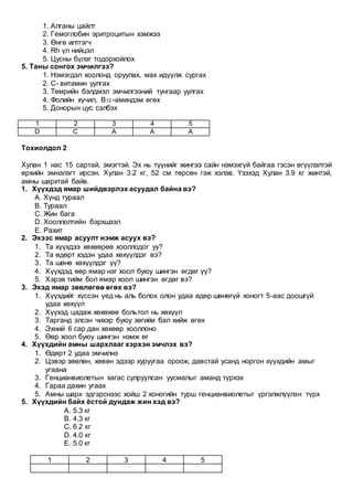 1. Алганы цайлт
2. Гемоглобин эритроцитын хэмжээ
3. Өнгө илтгэгч
4. Rh үл нийцэл
5. Цусны бүлэг тодорхойлох
5. Таны сонгох эмчилгээ?
1. Нэмэгдэл хоолонд оруулах, мах идүүлж сургах
2. С- витамин уулгах
3. Төмрийн бэлдмэл эмчилгээний тунгаар уулгах
4. Фолийн хүчил, В12 -аминдэм өгөх
5. Донорын цус сэлбэх
1 2 3 4 5
D C A A A
Тохиолдол 2
Хулан 1 нас 15 сартай, эмэгтэй. Эх нь түүнийг жингээ сайн нэмэхгүй байгаа гэсэн өгүүлэлтэй
өрхийн эмнэлэгт ирсэн. Хулан 3.2 кг, 52 см төрсөн гэж хэлэв. Үзэхэд Хулан 3.9 кг жинтэй,
амны шархтай байв.
1. Хүүхдэд ямар шийдвэрлэх асуудал байна вэ?
А. Хүнд тураал
В. Тураал
С. Жин бага
D. Хооллолтийн бэрхшээл
Е. Рахит
2. Эхээс ямар асуулт нэмж асуух вэ?
1. Та хүүхдээ хөхөөрөө хооллодог уу?
2. Та өдөрт хэдэн удаа хөхүүлдэг вэ?
3. Та шөнө хөхүүлдэг үү?
4. Хүүхдэд өөр ямар нэг хоол буюу шингэн өгдөг үү?
5. Хэрэв тийм бол ямар хоол шингэн өгдөг вэ?
3. Эхэд ямар зөвлөгөө өгөх вэ?
1. Хүүхдийг хүссэн үед нь аль болох олон удаа өдөр шөнөгүй хоногт 5-аас доошгүй
удаа хөхүүл
2. Хүүхэд цадаж хөхөхөө больтол нь хөхүүл
3. Тарганд элсэн чихэр буюу зөгийи бал хийж өгөх
4. Эхний 6 сар дан хөхөөр хооллоно
5. Өөр хоол буюу шингэн нэмж өг
4. Хүүхдийн амны шархлааг хэрхэн эмчлэх вэ?
1. Өдөрт 2 удаа эмчилнэ
2. Цэвэр зөөлөн, хөвөн эдээр хуруугаа ороож, давстай усанд норгон хүүхдийн амыг
угаана
3. Генцианвиолетын хагас сулруулсан уусмалыг аманд түрхэх
4. Гараа дахин угаах
5. Амны шарх эдгэрснээс хойш 2 хоногийн турш генцианвиолетыг үргэлжлүүлэн түрх
5. Хүүхдийн байх ёстой дундаж жин хэд вэ?
А. 5.3 кг
В. 4.3 кг
С. 6.2 кг
D. 4.0 кг
Е. 5.0 кг
1 2 3 4 5
 