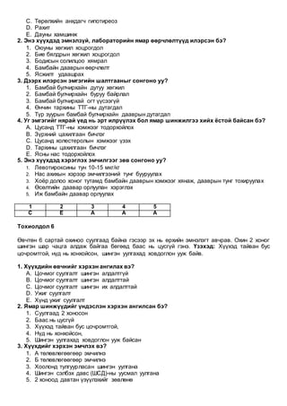 C. Төрөлхийн анхдагч гипотиреоз
D. Рахит
E. Дауны хамшинж
2. Энэ хүүхдэд эмнэлзүй, лабораторийн ямар өөрчлөлтүүд илэрсэн бэ?
1. Оюуны хөгжил хоцрогдол
2. Бие бялдрын хөгжил хоцрогдол
3. Бодисын солилцоо хямрал
4. Бамбайн дааврын өөрчлөлт
5. Ясжилт удаашрах
3. Дээрх илэрсэн эмгэгийн шалтгааныг сонгоно уу?
1. Бамбай булчирхайн дутуу хөгжил
2. Бамбай булчирхайн буруу байрлал
3. Бамбай булчирхай огт үүсээгүй
4. Өнчин тархины ТТГ-ны дутагдал
5. Түр зуурын бамбай булчирхайн дааврын дутагдал
4. Уг эмгэгийг нярай үед нь эрт илрүүлэх бол ямар шинжилгээ хийх ёстой байсан бэ?
A. Цусанд ТТГ-ны хэмжээг тодорхойлох
B. Зүрхний цахилгаан бичлэг
C. Цусанд холестеролын хэмжээг үзэх
D. Тархины цахилгаан бичлэг
E. Ясны нас тодорхойлох
5. Энэ хүүхдэд хэрэглэх эмчилгээг зөв сонгоно уу?
1. Левотироксины тун 10-15 мкг/кг
2. Нас ахихын хэрээр эмчилгээний тунг бууруулах
3. Хоёр долоо хоног тутамд бамбайн дааврын хэмжээг хянаж, дааврын тунг тохируулах
4. Өсөлтийн даавар орлуулан хэрэглэх
5. Иж бамбайн даавар орлуулах
1 2 3 4 5
C E A A A
Тохиолдол 6
Өвчтөн 6 сартай охиноо суулгаад байна гэсээр эх нь өрхийн эмнэлэгт авчрав. Охин 2 хоног
шингэн шар чацга алдаж байгаа бөгөөд баас нь цусгүй гэнэ. Үзэхэд: Хүүхэд тайван бус
цочромтгой, нүд нь хонхойсон, шингэн уулгахад ховдоглон ууж байв.
1. Хүүхдийн өвчнийг хэрхэн ангилах вэ?
A. Цочмог суулгалт шингэн алдалтгүй
B. Цочмог суулгалт шингэн алдалттай
C. Цочмог суулгалт шингэн их алдалттай
D. Ужиг суулгалт
E. Хүнд ужиг суулгалт
2. Ямар шинжүүдийг үндэслэн хэрхэн ангилсан бэ?
1. Суулгаад 2 хоносон
2. Баас нь цусгүй
3. Хүүхэд тайван бус цочромтгой,
4. Нүд нь хонхойсон,
5. Шингэн уулгахад ховдоглон ууж байсан
3. Хүүхдийг хэрхэн эмчлэх вэ?
1. А төлөвлөгөөгөөр эмчилнэ
2. Б төлөвлөгөөгөөр эмчилнэ
3. Хоолонд тулгуурласан шингэн уулгана
4. Шингэн сэлбэх давс (ШСД)-ны уусмал уулгана
5. 2 хоноод давтан үзүүлэхийг зөвлөнө
 