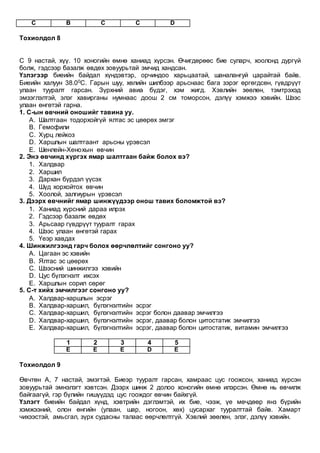 C B C C D
Тохиолдол 8
С 9 настай, хүү. 10 хоногийн өмнө ханиад хүрсэн. Өчигдөрөөс бие суларч, хоолонд дургүй
болж, гэдсээр базалж өвдөх зовуурьтай эмчид хандсан.
Үзлэгээр биеийн байдал хүндэвтэр, орчиндоо харьцаатай, шаналангуй царайтай байв.
Биеийн халуун 38.00С. Гарын шуу, хөлийн шилбээр арьснаас бага зэрэг өргөгдсөн, гүвдрүүт
улаан тууралт гарсан. Зүрхний авиа бүдэг, хэм жигд. Хэвлийн зөөлөн, тэмтрэхэд
эмзэглэлтэй, элэг хавирганы нумнаас доош 2 см томорсон, дэлүү хэмжээ хэвийн. Шээс
улаан өнгөтэй гарна.
1. С-ын өвчний оношийг тавина уу.
A. Шалтгаан тодорхойгүй ялтас эс цөөрөх эмгэг
B. Гемофили
C. Хурц лейкоз
D. Харшлын шалтгаант арьсны үрэвсэл
E. Шенлейн-Хенохын өвчин
2. Энэ өвчинд хүргэх ямар шалтгаан байж болох вэ?
1. Халдвар
2. Харшил
3. Дархан бүрдэл үүсэх
4. Шүд хорхойтох өвчин
5. Хоолой, залгиурын үрэвсэл
3. Дээрх өвчнийг ямар шинжүүдээр онош тавих боломжтой вэ?
1. Ханиад хүрсний дараа илрэх
2. Гэдсээр базалж өвдөх
3. Арьсаар гүвдрүүт тууралт гарах
4. Шээс улаан өнгөтэй гарах
5. Үеэр хавдах
4. Шинжилгээнд гарч болох өөрчлөлтийг сонгоно уу?
A. Цагаан эс хэвийн
B. Ялтас эс цөөрөх
C. Шээсний шинжилгээ хэвийн
D. Цус бүлэгнэлт ихсэх
E. Харшлын сорил сөрөг
5. С-т хийх эмчилгээг сонгоно уу?
A. Халдвар-харшлын эсрэг
B. Халдвар-харшил, бүлэгнэлтийн эсрэг
C. Халдвар-харшил, бүлэгнэлтийн эсрэг болон даавар эмчилгээ
D. Халдвар-харшил, бүлэгнэлтийн эсрэг, даавар болон цитостатик эмчилгээ
E. Халдвар-харшил, бүлэгнэлтийн эсрэг, даавар болон цитостатик, витамин эмчилгээ
1 2 3 4 5
E E E D E
Тохиолдол 9
Өвчтөн А, 7 настай, эмэгтэй. Биеэр тууралт гарсан, хамраас цус гоожсон, ханиад хүрсэн
зовуурьтай эмнэлэгт хэвтсэн. Дээрх шинж 2 долоо хоногийн өмнө илэрсэн. Өмнө нь өвчилж
байгаагүй, гэр бүлийн гишүүдэд цус гоождог өвчин байхгүй.
Үзлэгт биеийн байдал хүнд, хэвтрийн дэглэмтэй, их бие, чээж, үе мөчдөөр янз бүрийн
хэмжээний, олон өнгийн (улаан, шар, ногоон, хөх) цусархаг тууралттай байв. Хамарт
чихээстэй, амьсгал, зүрх судасны талаас өөрчлөлтгүй. Хэвлий зөөлөн, элэг, дэлүү хэвийн.
 