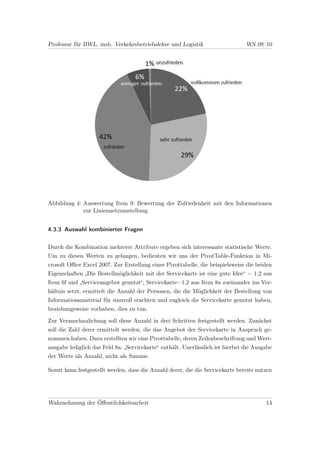 Professur für BWL, insb. Verkehrsbetriebslehre und Logistik                     WS 09/10




Abbildung 4: Auswertung Item 9: Bewertung der Zufriedenheit mit den Informationen
             zur Liniennetzumstellung


4.3.3 Auswahl kombinierter Fragen


Durch die Kombination mehrerer Attribute ergeben sich interessante statistische Werte.
Um zu diesen Werten zu gelangen, bedienten wir uns der PivotTable-Funktion in Mi-
crosoft Oﬃce Excel 2007. Zur Erstellung einer Pivottabelle, die beispielsweise die beiden
Eigenschaften „Die Bestellmöglichkeit mit der Servicekarte ist eine gute Idee“ = 1,2 aus
Item 6f und „Serviceangebot genutzt“, Servicekarte=1,2 aus Item 8a zueinander ins Ver-
hältnis setzt, ermittelt die Anzahl der Personen, die die Möglichkeit der Bestellung von
Informationsmaterial für sinnvoll erachten und zugleich die Servicekarte genutzt haben,
beziehungsweise vorhaben, dies zu tun.

Zur Veranschaulichung soll diese Anzahl in drei Schritten festgestellt werden. Zunächst
soll die Zahl derer ermittelt werden, die das Angebot der Servicekarte in Anspruch ge-
nommen haben. Dazu erstellten wir eine Pivottabelle, deren Zeilenbeschriftung und Wert-
ausgabe lediglich das Feld 8a. „Servicekarte“ enthält. Unerlässlich ist hierbei die Ausgabe
der Werte als Anzahl, nicht als Summe.

Somit kann festgestellt werden, dass die Anzahl derer, die die Servicekarte bereits nutzen




Wahrnehmung der Öﬀentlichkeitsarbeit                                                    14
 
