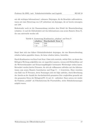 Professur für BWL, insb. Verkehrsbetriebslehre und Logistik                   WS 09/10


mir alle wichtigen Informationen“, erkennen: Diejenigen, die die Broschüre aufbewahrten,
waren mit einer Bewertung von 1,87 zufriedener als diejenigen, die sie bereits entsorgten
mit 2,08.

Bedeutender noch ist der Zusammenhang zwischen dem Erhalt der Hauswurfsendung
(erhalten=1) und der Zufriedenheit mit den Informationen zum neuen Busnetz (Item 9),
der nun untersucht werden soll.

              Tabelle 6: Auswertung   Kombination „erhalten“ und Item 9
                         erhalten     Durchschnitt Item 9
                         0 nein       2,60
                         1 ja         2,15


Somit lässt sich eine höhere Globalzufriedenheit derjenigen, die eine Hauswurfsendung
erhalten haben gegenüber denen, die keine erhalten haben, feststellen.

Durch Kombination von Item 9 mit Item 1 lässt sich ermitteln, welche Orte, an denen den
Befragten Werbung aufgefallen war, sie ungestützt nannten, woraus sich Rückschlüsse auf
die Werbewirksamkeit und Erinnerungsfähigkeit bestimmter Werbeträger ziehen lassen.
Betrachtet werden hierbei Personen, die sich als vollkommen zufrieden mit den Informa-
tionen zum neuen Busnetz bezeichneten und Frage 9 = 1 bewerteten. Diese erreichen
eine Zahl von 37 Personen, deren Nennungen sich wie folgt aufteilen, durch Berechnung
des Anteils an der Anzahl der durchschnittlich genannten Orte vergleichbar gemacht mit
den genannten Orten der Befragten(F9=3) mit (3= zufrieden). Dazu nutzen wir wieder
die Funktion „enthält“ als Filterkriterium für Pivottabellen, wobei Mehrfachnennungen
möglich waren:




Wahrnehmung der Öﬀentlichkeitsarbeit                                                  17
 