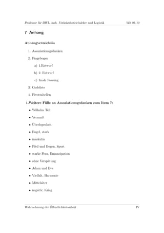 Professur für BWL, insb. Verkehrsbetriebslehre und Logistik   WS 09/10


7 Anhang

Anhangverzeichnis

  1. Assoziationsgedanken

  2. Fragebogen

       a) 1.Entwurf

       b) 2. Entwurf

       c) ﬁnale Fassung

  3. Codeliste

  4. Pivottabellen

1.Weitere Fülle an Assoziationsgedanken zum Item 7:

   • Wilhelm Tell

   • Vernunft

   • Überlegenheit

   • Engel, stark

   • maskulin

   • Pfeil und Bogen, Sport

   • starke Frau, Emanzipation

   • ohne Verspätung

   • Adam und Eva

   • Vielfalt, Harmonie

   • Mittelalter

   • negativ, Krieg




Wahrnehmung der Öﬀentlichkeitsarbeit                               IV
 