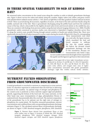 Is there spatial Variability to sgd at kiholo
bay?
We measured radon concentration in the coastal ocean along the coastline in order to identify groundwater discharge
sites. Figure 4 shows surveys for radon and salinity along the coastline. Higher radon (red, yellow, and green circles)
with salinities below ambient marine salinity (< 36.0, shown as light blue in the blue-gradient swathes) indicate locations
of SGD. These occurred during all excursions, regardless of season, at the head of the inlet and from basalts along the
middle, eastward side of the inlet. There is groundwater discharging along the pebble beach and from the southwest
corner of the bay, which is discernible by the slightly elevated radon levels and lowered salinity in the middle bay area.
These are consistent with findings from previous studies using thermal infrared imaging (Johnson et al., 2008). Possible
groundwater outlets unnoticed in previous studies were discovered in September’s lengthier shoreline survey (box
C) along the western coast, possibly flowing through natural conduits in basalts just outside Kiholo Bay. There were
significantly elevated levels of radon measured in surface waters during the month of March 2011 (box D), corresponding
These measurements were done
to increased groundwater fluxes during this period.
A
B
C
one week after the Japan tsunami,
which inundated the land and
forced seawater to infiltrate
the into the coastal aquifer.
We believe the elevated coastal
groundwater discharge was due
to this inundation. Because our
measurements only lasted 2 days,
D
E
we were unable to determine the length of time required for
the aquifer and the lagoon to get back to their natural state.
Figure 4. From upper left to lower right: Groundwater surveys
conducted on A) June 23 and B) June 25, 2010, C) September
29, 2010, D) March 24, 2011, and E) March 29, 2012. Hot
colors (reds, yellows, and oranges) show areas of higher
radon concentrations (associated with greater groundwater
discharge). Light blue swathes indicate fresher salinities.

Nutrient Fluxes Originating
from Groundwater Discharge
Coastal groundwater is enriched in nutrients in comparison to ocean nutrient
levels. It is therefore important to understand what role SGD has in delivering
nutrients to the coastline. An optimal range of nitrogen and phosphorus in
the coastal ocean is preferred, as these nutrients support algal and plankton
growth, supporting the bottom of the food web. Too many nutrients, on the
other hand, may cause overpopulation of algae, phytoplankton blooms of
undesired levels that potentially affect the coral reefs. The nutrient composition
of the groundwater has to be optimal, just the right ratio of nitrogen to
phosphorus for coastal plants. We therefore measured groundwater nutrient
concentrations and combined these with corresponding groundwater discharge
estimates (Figure 2). The calculated nutrient fluxes via groundwater discharge
are shown in Figure 5 (DIP: dissolved inorganic phosphorus, DIN: dissolved
Figure 5. Nutrient fluxes derived from groundwater fluxes at time
series (yellow stars in Figure 2) locations at Kiholo Bay. DIP: dissolved
inorganic phosphorus, DIN: dissolved inorganic nitrogen, DON:
dissolved organic nitrogen, and DOP: dissolved organic phosphorus.

Page 3

 