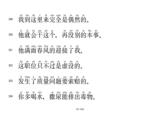 349
      我到这里来完全是偶然的。

350
      他就会干这个，再没别的本事。

351
      他满面春风的迎接了我。

352
      这职位只不过是虚设的。

353
      发生了质量问题要索赔的。

354
      你多喝水，撒尿能排出毒物。
               59/400
 