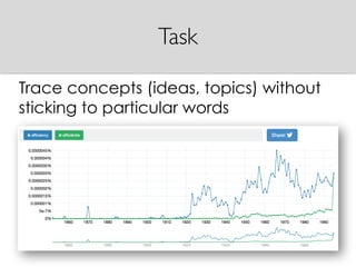 Task
Trace concepts (ideas, topics) without
sticking to particular words
 