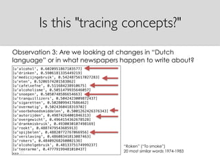 Observation 3: Are we looking at changes in “Dutch
language” or in what newspapers happen to write about?
Is this "tracing concepts?"
“Roken” (“To smoke”)
20 most similar words 1974-1983
 