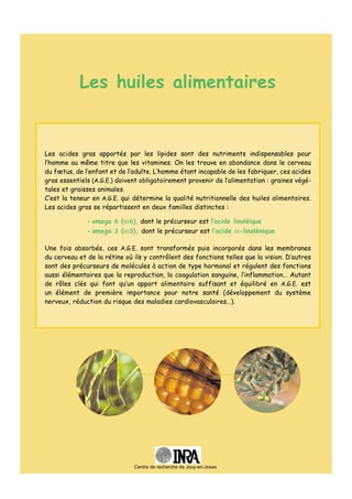 Les huiles alimentaires


Les acides gras apportés par les lipides sont des nutriments indispensables pour
l’homme au même titre que les vitamines. On les trouve en abondance dans le cerveau
du fœtus, de l’enfant et de l’adulte. L’homme étant incapable de les fabriquer, ces acides
gras essentiels (A.G.E.) doivent obligatoirement provenir de l’alimentation : graines végé-
tales et graisses animales.
C’est la teneur en A.G.E. qui détermine la qualité nutritionnelle des huiles alimentaires.
Les acides gras se répartissent en deux familles distinctes :

              • omega 6 (ω 6), dont le précurseur est l’acide linoléique
              • omega 3 (ω 3), dont le précurseur est l’acide α-linolénique

Une fois absorbés, ces A.G.E. sont transformés puis incorporés dans les membranes
du cerveau et de la rétine où ils y contrôlent des fonctions telles que la vision. D’autres
sont des précurseurs de molécules à action de type hormonal et régulent des fonctions
aussi élémentaires que la reproduction, la coagulation sanguine, l’inflammation… Autant
de rôles clés qui font qu’un apport alimentaire suffisant et équilibré en A.G.E. est
un élément de première importance pour notre santé (développement du système
nerveux, réduction du risque des maladies cardiovasculaires…).




                              Centre de recherche de Jouy-en-Josas
 