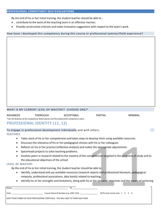 11
PROFESSIONAL COMPETENCY SELF-EVALUATIONS
By the end of his or her initial training, the student teacher should be able to :
• contribute to the work of the teaching team in an effective manner;
• Provide constructive criticism and make innovative suggestions with respect to the team's work.
How have I developed this competency during this course or professional seminar/field experience?
WHAT IS MY CURRENT LEVEL OF MASTERY? (CHOOSE ONE)*
ADVANCED THOROUGH ACCEPTABLE PARTIAL MINIMAL
*Use the features of the competency (listed above) and the professional competency rubric.
PROFESSIONAL IDENTITY (11, 12)
To engage in professional development individually and with others.
FEATURES
• Takes stock of his or her competencies and takes steps to develop them using available resources.
• Discusses the relevance of his or her pedagogical choices with his or her colleagues.
• Reflects on his or her practice (reflective analysis) and makes the appropriate adjustments.
• Spearheads projects to solve teaching problems.
• Involves peers in research related to the mastery of the competencies targeted in the programs of study and to
the educational objectives of the school.
LEVEL OF MASTERY
By the end of his or her initial training, the student teacher should be able to :
• identify, understand and use available resources (research reports and professional literature, pedagogical
networks, professional associations, data banks) related to teaching;
• identify his or her strengths and limitations, along with his or her personal objectives and the means of achieving
Name _____________________________________________________ ID ________________________
Date: ______________________________ Course Name & Number (e.g. EDEC 253) _________________ PS/FE level (circle one) 1 2 3 4
KEEP THESE FORMS IN YOUR PROFESSIONAL PORTFOLIO. YOU WILL ADD TO THEM EACH YEAR.
 