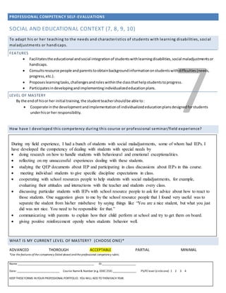 PROFESSIONAL COMPETENCY SELF-EVALUATIONS
Name _____________________________________________________ ID ________________________
Date: ______________________________ Course Name& Number (e.g. EDEC 253) _________________ PS/FE level (circleone) 1 2 3 4
KEEP THESEFORMS IN YOUR PROFESSIONAL PORTFOLIO. YOU WILL ADD TO THEMEACH YEAR.
7
SOCIAL AND EDUCATIONAL CONTEXT (7, 8, 9, 10)
To adapt his or her teaching to the needs and characteristics of students with learning disabilities, social
maladjustments or handicaps.
FEATURES
 Facilitatesthe educational andsocial integrationof studentswithlearningdisabilities,social maladjustmentsor
handicaps.
 Consultsresource people andparentstoobtainbackgroundinformationonstudentswithdifficulties(needs,
progress,etc.).
 Proposeslearningtasks,challengesandroleswithinthe classthathelpstudentstoprogress.
 Participatesindevelopingandimplementingindividualizededucationplans.
LEVEL OF MASTERY
By the endof hisor her initial training,the studentteachershouldbe able to:
 Cooperate inthe developmentandimplementationof individualizededucationplansdesignedforstudents
underhisor her responsibility.
How have I developed this competency during this course or professional seminar/field experience?
WHAT IS MY CURRENT LEVEL OF MASTERY? (CHOOSE ONE)*
ADVANCED THOROUGH ACCEPTABLE PARTIAL MINIMAL
*Use the features of the competency (listed above) andthe professional competency rubric.
During my field experience, I had a bunch of students with social maladjustments, some of whom had IEPs. I
have developed the competency of dealing with students with special needs by
 doing research on how to handle students with behavioural and emotional exceptionalities.
 reflecting on my unsuccessful experiences dealing with these students.
 studying the QEP documents about IEP and participating in class discussions about IEPs in this course.
 meeting individual students to give specific discipline expectations in class.
 cooperating with school resources people to help students with social maladjustments, for example,
evaluating their attitudes and interactions with the teacher and students every class.
 discussing particular students with IEPs with school resource people to ask for advice about how to react to
those students. One suggestion given to me by the school resource people that I found very useful was to
separate the student from his/her misbehave by saying things like “You are a nice student, but what you just
did was not nice. You need to be responsible for that.”
 communicating with parents to explain how their child perform at school and try to get them on board.
 giving positive reinforcement openly when students behavior well.
 