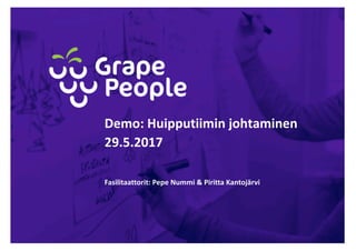 Demo:	Huipputiimin johtaminen
29.5.2017
Fasilitaattorit:	Pepe Nummi &	Piritta Kantojärvi
 