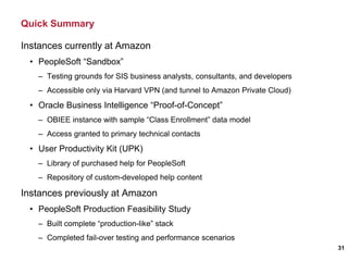 Quick Summary
31
Instances currently at Amazon
• PeopleSoft “Sandbox”
– Testing grounds for SIS business analysts, consultants, and developers
– Accessible only via Harvard VPN (and tunnel to Amazon Private Cloud)
• Oracle Business Intelligence “Proof-of-Concept”
– OBIEE instance with sample “Class Enrollment” data model
– Access granted to primary technical contacts
• User Productivity Kit (UPK)
– Library of purchased help for PeopleSoft
– Repository of custom-developed help content
Instances previously at Amazon
• PeopleSoft Production Feasibility Study
– Built complete “production-like” stack
– Completed fail-over testing and performance scenarios
 