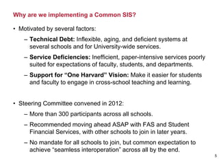 Why are we implementing a Common SIS?
• Motivated by several factors:
– Technical Debt: Inflexible, aging, and deficient systems at
several schools and for University-wide services.
– Service Deficiencies: Inefficient, paper-intensive services poorly
suited for expectations of faculty, students, and departments.
– Support for “One Harvard” Vision: Make it easier for students
and faculty to engage in cross-school teaching and learning.
• Steering Committee convened in 2012:
– More than 300 participants across all schools.
– Recommended moving ahead ASAP with FAS and Student
Financial Services, with other schools to join in later years.
– No mandate for all schools to join, but common expectation to
achieve “seamless interoperation” across all by the end.
5
 