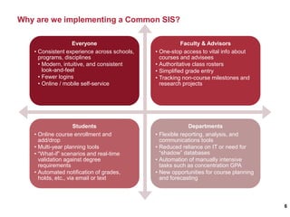 Why are we implementing a Common SIS?
6
Everyone
• Consistent experience across schools,
programs, disciplines
• Modern, intuitive, and consistent
look-and-feel
• Fewer logins
• Online / mobile self-service
Faculty & Advisors
• One-stop access to vital info about
courses and advisees
• Authoritative class rosters
• Simplified grade entry
• Tracking non-course milestones and
research projects
Students
• Online course enrollment and
add/drop
• Multi-year planning tools
• “What-if” scenarios and real-time
validation against degree
requirements
• Automated notification of grades,
holds, etc., via email or text
Departments
• Flexible reporting, analysis, and
communications tools
• Reduced reliance on IT or need for
“shadow” databases
• Automation of manually intensive
tasks such as concentration GPA
• New opportunities for course planning
and forecasting
 