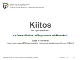 Kiitos Diat löytyvät osoitteesta http://www.slideshare.net/Haggman/nuorisolaki-aanekoski Lisää materiaalia: http://www.minedu.fi/OPM/Nuoriso/vireilla_nuoriso/nuorisolaki/koulutuskierros_2010.html Huittinen 17.1.2011 Varsinais-Suomen ELY-keskus, Sivistystoimentarkastaja Erik Häggman 