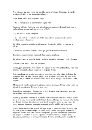 Y vi entonces una gran víbora que quedaba muerta a lo largo del camino. Y cuando
seguimos el viaje, oí una sorda risita del cura...
—No hemos vuelto a ver al yanqui le dije.
—No se preocupe; ya le encontraremos alguna vez.
Seguimos adelante. Hubo que pasar a través de una gran arboleda tras la cual oíase el
ruido del agua en una quebrada. A poco: «¡Alto!»
—¿Otra vez? — le dije a Reguera.
—Sí —me contestó—. Estamos en el sitio más delicado que ocupan las fuerzas
revolucionarias. ¡Paciencia!
Un oficial con varios soldados se adelantaron. Reguera les habló y oí contestar al
oficial:
—Imposible pasar más adelante. Habrá que quedar ahí hasta el amanecer.
Escogimos para reposar un escampado bajo un gran ahuehuete.
De más decir que yo no podía dormir. Yo había terminado mi tabaco y pedí a Reguera.
—Tengo —me dijo— , pero con mariguana.
Acepté, pero con miedo, pues conozco los efectos de esa yerba embrujadora, y me puse
a fumar. En seguida el cura roncaba y yo no podía dormir.
Todo era silencio en la selva, pero silencio temeroso, bajo la luz pálida de la luna. De
pronto escuché a lo lejos como un quejido largo y aullante, que luego fue un coro de
aullidos. Yo ya conocía esa siniestra música de las selvas salvajes: era el aullido de los
coyotes.
Me incorporé cuando sentí que los clamores se iban acercando. No me sentía bien y me
acordé de la mariguana del cura. Si seria eso...
Los aullidos aumentaban. Sin despertar al viejo Reguera, tomé mi revólver y me fui
hacia el lado en donde estaba el peligro.
Caminé y me interné un tanto en la floresta, hasta que vi una especie de claridad que no
era la de la luna, puesto que la claridad lunar, fuera del bosque era blanca, y ésta, dentro,
era dorada. Continué internándome hasta donde escuchaba como un vago rumor de
voces humanas alternando de cuando en cuando con los aullidos de los coyotes.
Avancé hasta donde me fue posible. He aquí lo que vi: un enorme ídolo de piedra, que
era ídolo y altar al mismo tiempo, se alzaba en esa claridad que apenas he indicado.
Imposible detallar nada. Dos cabezas de serpiente, que eran como brazos o tentáculos
del bloque, se juntaban en la parte superior, sobre una especie de inmensa testa
descarnada, que tenía a su alrededor una ristra de manos cortadas, sobre un collar de
 