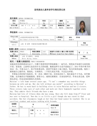 昆明流动儿童单亲学生情况登记表



孤兒資料 ORPHAN INFORMATION
    姓名          李慧仙                                         性別         女 F              編號
                                                                                                 38
    Name        Huixian Li                                   Sex                    Orphan ID
 出生日期             2002   年   3 月     18 日                   民族         汉族           健康狀況         健康
Date of Birth   　　　　Y               M            D       Ethnic Race   Han              Health   Qualified


學校資料 SCHOOL INFORMATION

 學校名稱           云南省昆明市盘龙区旭日学校                                                      入學情況               就读：       四年级
    Name        Xuri School of District Panlong, Kunming, Yunnan                    Grade             Grade 4

 學校地址                                                                                                                     郵編
   Address       云南      省 昆明       市盘龙区龙泉镇羊肠大村
                                                                                                                      Postal Code


監護人資料 GUARDIAN INFORMATION
 監護人姓名          李柄全                     與孤兒關係               父亲         家庭年人均收入/總人口數(包括孤
                                                                                                                 ￥       /　人
    Name        Bingquan Li             Relationship        Father     兒)Annual Income/Total Family Members
 監護人地址             云南     省 曲靖市              会泽县                                                                          郵編
   Address         Huize, Qujing, Yunnan.                                                                             Postal Code

孤兒 / 監護人家庭狀況 FAMILY BACKGROUND
家庭是因为妈妈离家出走了，只剩下爸爸带着李慧仙姐妹三一起生活。妈妈也不知道什么原因离
开家，爸爸说：之前两人也没有什么大的问题，她就这样什么也不说就走了，2011 年的中秋节回
来过一次，半夜又走了。孩子们很难过的。爸爸平时就在工地上做活，每天回来的也晚，他们三
姐妹就自己做作业，做饭吃，互相照应，三个的关系还不错，不会怎么吵架。
  李慧仙小的时候生病很多，有一次从二楼掉下来，在医院治好了，现在就是个子不高，同学都
笑她。还有她的头不能被撞到，要很小心。成绩比姐姐好，在家也很听话，作业认真完成。爱和
朋友讲话，但还是很羡慕别人有妈妈。
Huixian’s left home several years ago. “I can’t remember any terrible things
between my wife and me. But she left without any words” according to Huixian’s
father. He has to work hard in building sites to raise Huixian and her 2 sisters.
Three sisters take care of each other and work out their homework together every
day. They admire their friends who have a mom.
Huixian had lots of illness when she was young. Once she fell down from 2nd floor and
was sent to hospital. Now she is so little a girl though she was cured in that
accident. But her classmates laugh at her that her head cannot be touched. She is an
excellent student and enjoys talking with friends.
  助養期                                   起                          止
                                                                        助養者編號
   Period       From                    To
                                                                        Donor ID

  填表人                              日期            年   月       日          ----------
                                                                        助養者姓名
 Prepared by                       Date      Y       M        D
                                                                        Name of Donor
 