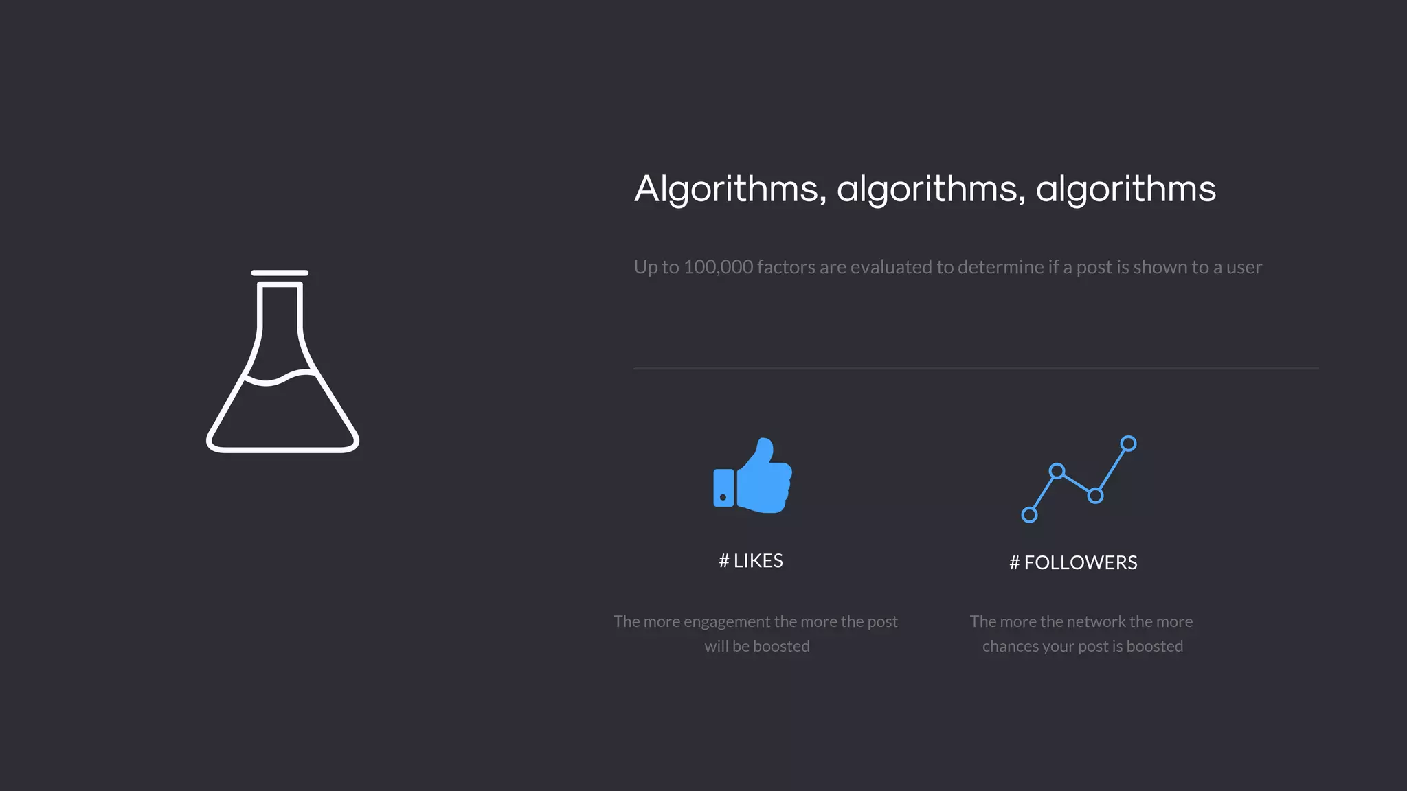 "
# LIKES
The more engagement the more the post
will be boosted
# FOLLOWERS
The more the network the more
chances your post is boosted
"
Algorithms, algorithms, algorithms
Up to 100,000 factors are evaluated to determine if a post is shown to a user
Ŏ
 