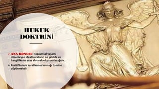 HUKUK
DOKTRİNİ
➢ ANA KONUSU: Toplumsal yaşamı
düzenleyen ideal kuralların ne şekilde ve
hangi ilkeler esas alınarak oluşturulacağıdır.
➢ Pozitif hukuk kurallarının kaynağı üzerine
düşünmektir.
 