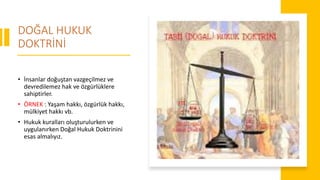 DOĞAL HUKUK
DOKTRİNİ
• İnsanlar doğuştan vazgeçilmez ve
devredilemez hak ve özgürlüklere
sahiptirler.
• ÖRNEK : Yaşam hakkı, özgürlük hakkı,
mülkiyet hakkı vb.
• Hukuk kuralları oluşturulurken ve
uygulanırken Doğal Hukuk Doktrinini
esas almalıyız.
 
