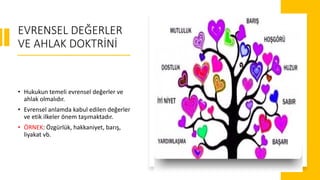 EVRENSEL DEĞERLER
VE AHLAK DOKTRİNİ
• Hukukun temeli evrensel değerler ve
ahlak olmalıdır.
• Evrensel anlamda kabul edilen değerler
ve etik ilkeler önem taşımaktadır.
• ÖRNEK: Özgürlük, hakkaniyet, barış,
liyakat vb.
 