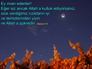 Ey iman edenler!
Eğer siz ancak Allah’a kulluk ediyorsanız,
size verdiğimiz rızıkların iyi
ve temizlerinden yiyin
ve Allah’a şükredin. Bakara-172

42

 