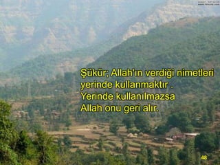 Şükür; Allah'ın verdiği nimetleri
yerinde kullanmaktır .
Yerinde kullanılmazsa
Allah onu geri alır.

48

 