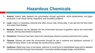 Hazardous Chemicals
1. Arsenic: Arsenic gets released into groundwater through agriculture, wood preservatives, and glass
production. It can cause cancer, respiratory, and circulatory problems.
2. Lead: Lead is a hazardous chemical that often occurs near mining sites. It can get into the food chain
and cause heart disease.
3. Benzene: Benzene can be released into the environment because of gasoline vapors and automobile
exhaust, and has been linked to leukemia.
4. Chromium: Chromium has been used in the natural gas industry to prevent machinery from rusting.
5. Toluene: Toluene can enter the environment through its use in solvents and petroleum products. If
inhaled at heavy doses, it can damage the central nervous system.
6. Cadmium: Highly toxic even in low doses, cadmium is most found in industrialized areas and is released
into the environment through fuel combustion, incorrectly handled sewage sludge, and fertilizers.
 