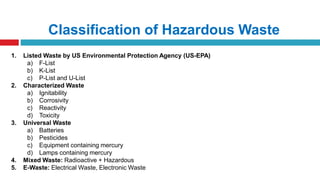 Classification of Hazardous Waste
1. Listed Waste by US Environmental Protection Agency (US-EPA)
a) F-List
b) K-List
c) P-List and U-List
2. Characterized Waste
a) Ignitability
b) Corrosivity
c) Reactivity
d) Toxicity
3. Universal Waste
a) Batteries
b) Pesticides
c) Equipment containing mercury
d) Lamps containing mercury
4. Mixed Waste: Radioactive + Hazardous
5. E-Waste: Electrical Waste, Electronic Waste
 