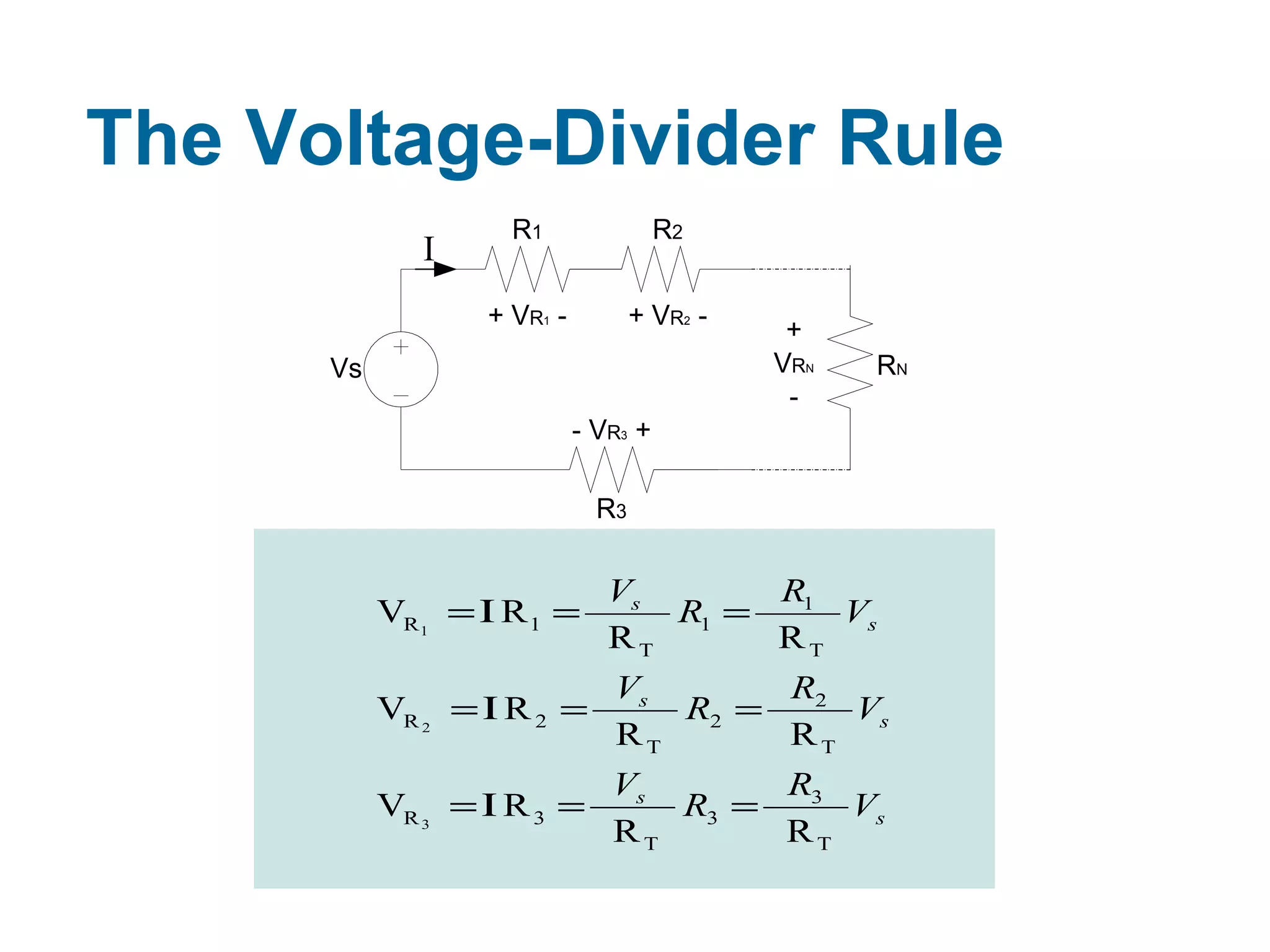 The Voltage-Divider Rule
                    R1                R2
              I
                  + VR1 -          + VR2 -
                                              +
      Vs                                     VRN   RN
                                              -
                            - VR3 +

                              R3

                               Vs      R1
           VR1 = Ι R 1 =          R1 =    Vs
                               RT      RT
                               Vs      R2
           VR 2 = Ι R 2 =         R2 =    Vs
                               RT      RT
                               Vs      R3
           VR 3 = Ι R 3 =         R3 =    Vs
                               RT      RT
 
