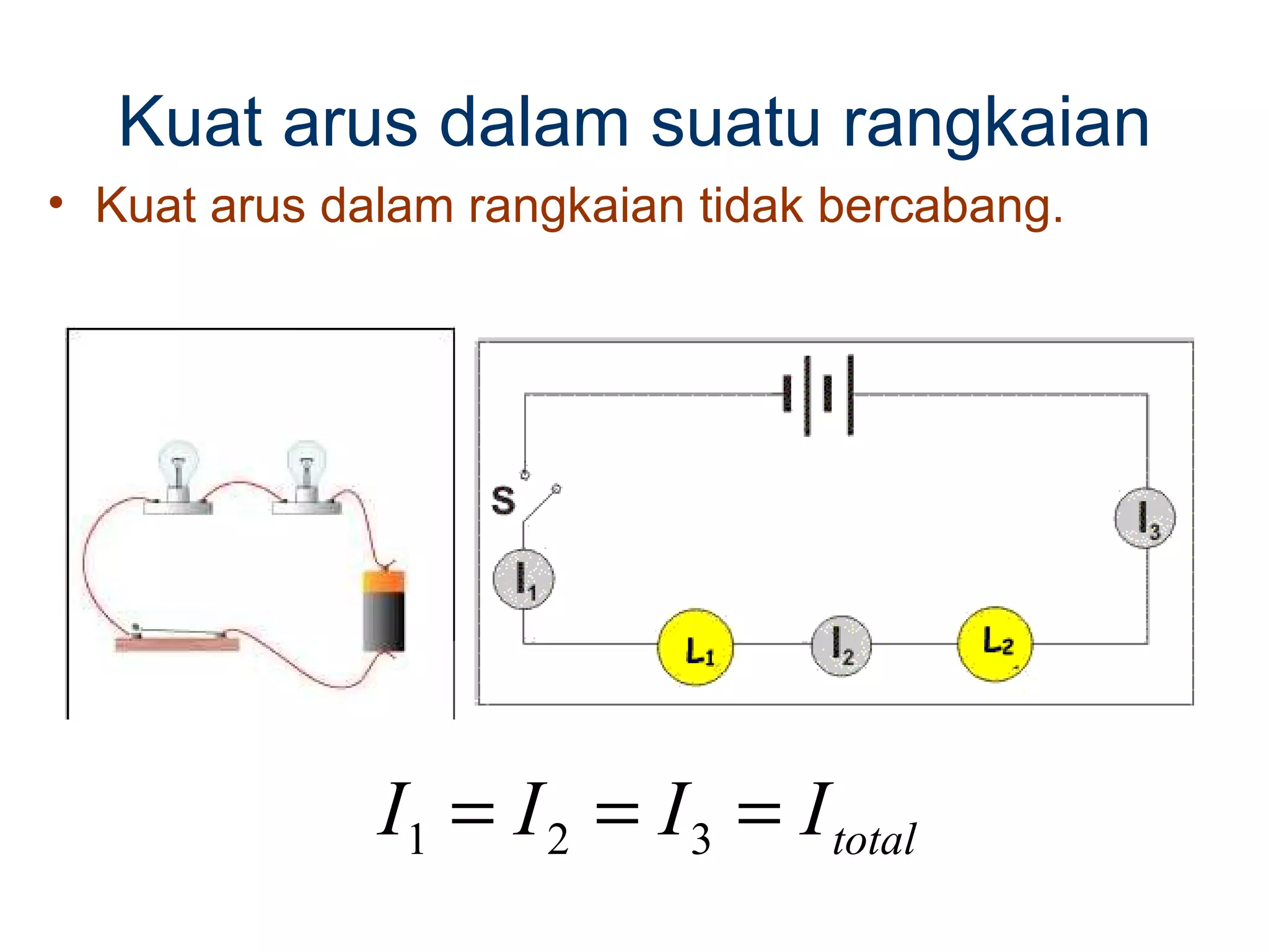 Kuat arus dalam suatu rangkaian
• Kuat arus dalam rangkaian tidak bercabang.




              I1 = I 2 = I 3 = I total
 