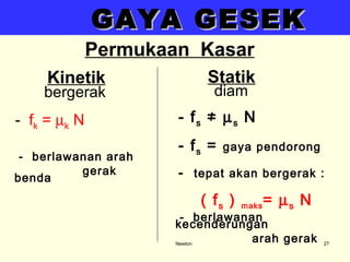 Newton GAYA GESEK Permukaan  Kasar Kinetik bergerak -  f k  =   k  N Statik diam - f s   ≠    s  N - f s  =  gaya pendorong -  tepat akan bergerak : ( f s  )  maks =   s  N -  berlawanan arah  gerak benda -  berlawanan kecenderungan arah gerak 
