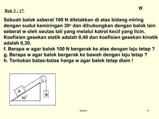 Newton Bab  3  : 1 7   W Sebuah balok seberat 100 N diletakkan di atas bidang miring  dengan sudut kemiringan 3 0 o  dan dihubungkan dengan balok lain  seberat w oleh seutas tali yang melalui katrol kecil yang licin.  Koefisien gesekan statik adalah 0,40 dan koefisien gesekan kinetik  adalah 0,30. Berapa w agar balok 100 N bergerak ke atas dengan laju tetap ?  Berapa w agar balok bergerak ke bawah dengan laju tetap ?  Tentukan batas-batas harga w agar balok tetap diam !  