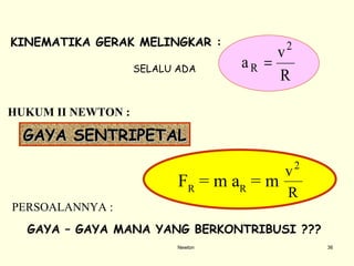 Newton KINEMATIKA GERAK MELINGKAR : SELALU ADA  GAYA – GAYA MANA YANG BERKONTRIBUSI ??? PERSOALANNYA : F R  = m a R  = m  HUKUM II NEWTON : GAYA SENTRIPETAL 