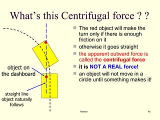 Newton What’s this Centrifugal force ? ? The red object will make the turn only if there is enough friction on it otherwise it goes straight the apparent outward force is called the  centrifugal force it is  NOT A REAL force ! an object will not move in a circle until something makes it! object on the dashboard straight line object naturally follows 