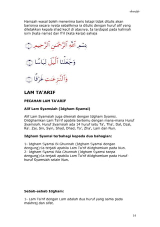 -akramstyle-

Hamzah wasal boleh menerima baris tetapi tidak ditulis akan
barisnya secara nyata sebaliknya ia ditulis dengan huruf alif yang
diletakkan kepala shad kecil di atasnya. Ia terdapat pada kalimah
isim (kata nama) dan fi'il (kata kerja) sahaja




LAM TA'ARIF
PECAHAN LAM TA'ARIF

Alif Lam Syamsiah (Idgham Syamsi)

Alif Lam Syamsiah juga dikenali dengan Idgham Syamsi.
Diidghamkan Lam Ta'rif apabila bertemu dengan mana-mana Huruf
Syamsiah. Huruf Syamsiah ada 14 huruf iaitu Ta', Tha', Dal, Dzal,
Ra'. Zai, Sin, Syin, Shad, Dhad, To', Zha', Lam dan Nun.

Idgham Syamsi terbahagi kepada dua bahagian:

1- Idgham Syamsi Bi Ghunnah (Idgham Syamsi dengan
dengung):Ia terjadi apabila Lam Ta'rif diidghamkan pada Nun.
2- Idgham Syamsi Bila Ghunnah (Idgham Syamsi tanpa
dengung):Ia terjadi apabila Lam Ta'rif diidghamkan pada Huruf-
huruf Syamsiah selain Nun.




Sebab-sebab Idgham:

1- Lam Ta'rif dengan Lam adalah dua huruf yang sama pada
makhraj dan sifat.


                                                                     14
 