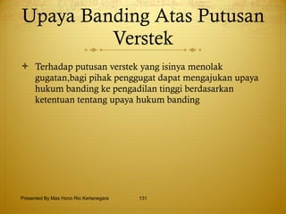 Upaya Banding Atas Putusan Verstek Terhadap putusan verstek yang isinya menolak gugatan,bagi pihak penggugat dapat mengajukan upaya hukum banding ke pengadilan tinggi berdasarkan ketentuan tentang upaya hukum banding  Presented By Mas Hono Rio Kertanegara 