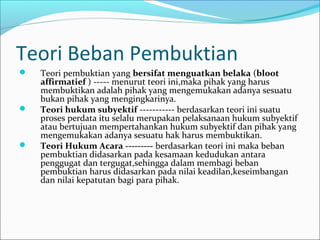 Teori Beban Pembuktian
   Teori pembuktian yang bersifat menguatkan belaka (bloot
    affirmatief ) ----- menurut teori ini,maka pihak yang harus
    membuktikan adalah pihak yang mengemukakan adanya sesuatu
    bukan pihak yang mengingkarinya.
   Teori hukum subyektif ----------- berdasarkan teori ini suatu
    proses perdata itu selalu merupakan pelaksanaan hukum subyektif
    atau bertujuan mempertahankan hukum subyektif dan pihak yang
    mengemukakan adanya sesuatu hak harus membuktikan.
   Teori Hukum Acara --------- berdasarkan teori ini maka beban
    pembuktian didasarkan pada kesamaan kedudukan antara
    penggugat dan tergugat,sehingga dalam membagi beban
    pembuktian harus didasarkan pada nilai keadilan,keseimbangan
    dan nilai kepatutan bagi para pihak.
 