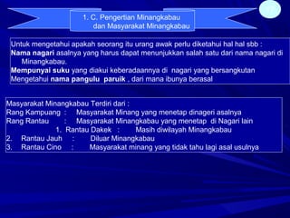 17
1. C. Pengertian Minangkabau
dan Masyarakat Minangkabau
Untuk mengetahui apakah seorang itu urang awak perlu diketahui hal hal sbb :
Nama nagari asalnya yang harus dapat menunjukkan salah satu dari nama nagari di
Minangkabau.
Mempunyai suku yang diakui keberadaannya di nagari yang bersangkutan
Mengetahui nama pangulu paruik , dari mana ibunya berasal
Masyarakat Minangkabau Terdiri dari :
Rang Kampuang : Masyarakat Minang yang menetap dinageri asalnya
Rang Rantau : Masyarakat Minangkabau yang menetap di Nagari lain
1. Rantau Dakek : Masih diwilayah Minangkabau
2. Rantau Jauh : Diluar Minangkabau
3. Rantau Cino : Masyarakat minang yang tidak tahu lagi asal usulnya
 